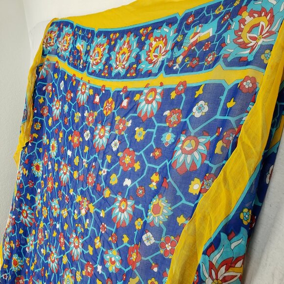 HERMES Shawl Scarf Pareo 100% Cotton Lightweight Blue Yellow Red Persian Motif - Picture 5 of 14